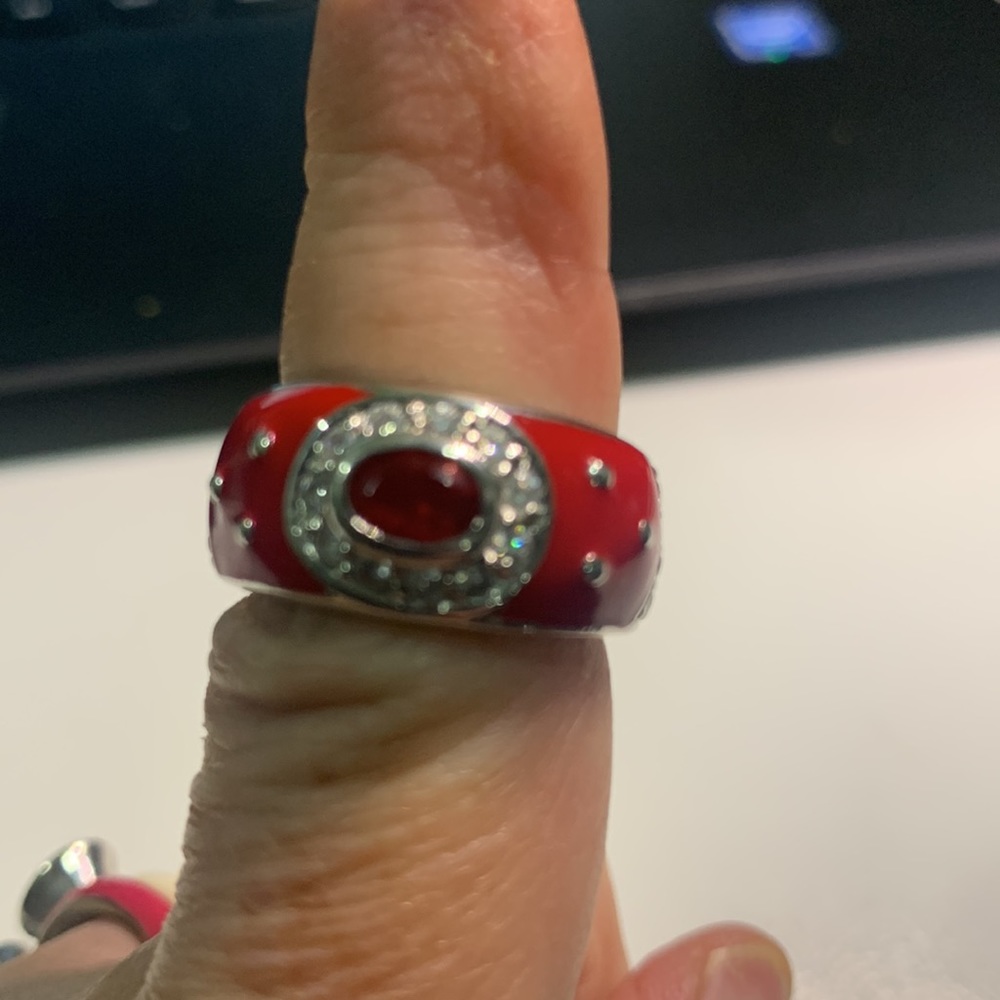 Vintage signed RP sterling silver red enamel ring rhinestones red & clear Sz 6.5 - Picture 10 of 11